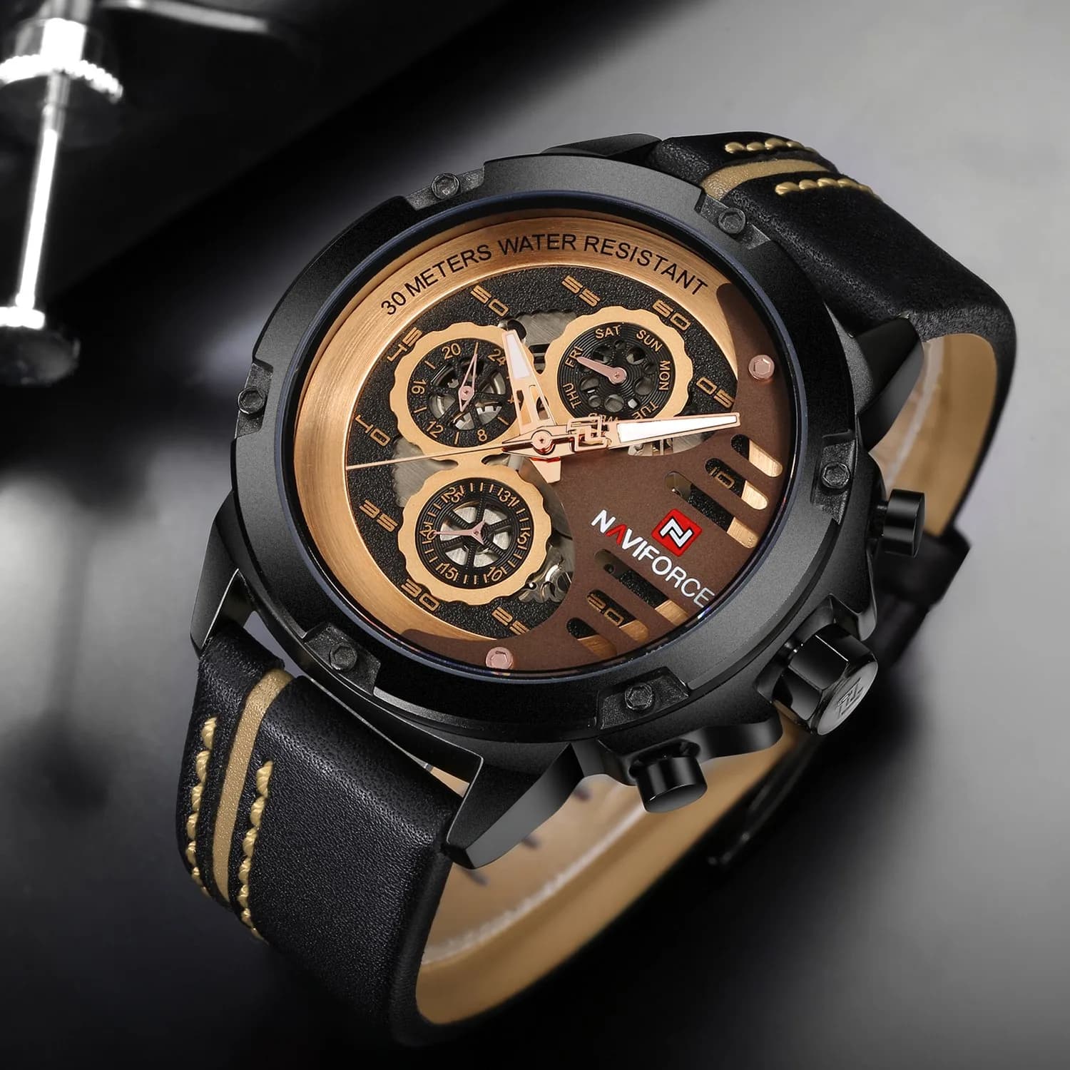 NAVIFORCE Men's Black, Rose Gold & Brown Leather Band Sport Military Watch - view 4
