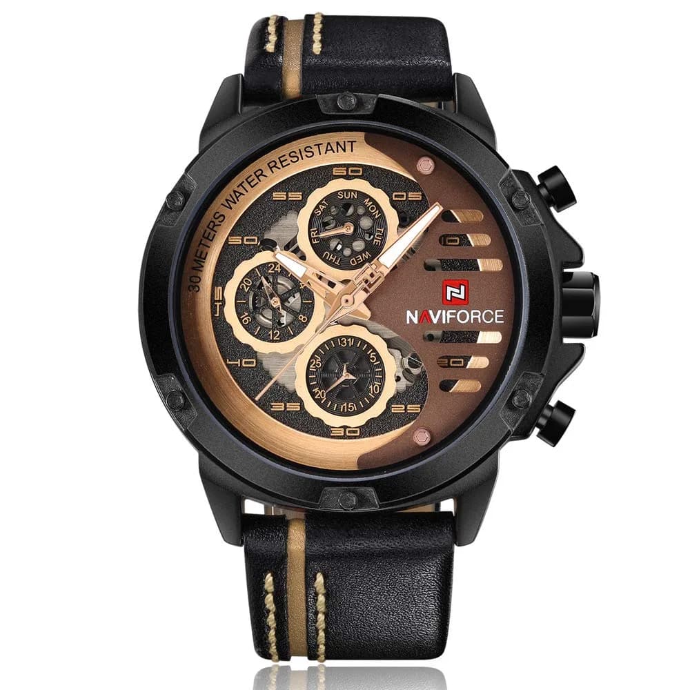 NAVIFORCE Sport Military Watch for Men — 4.8cm Case, 25cm Leather Band | Analog Quartz with Date & Luminous Hands — black+rose gold+brown