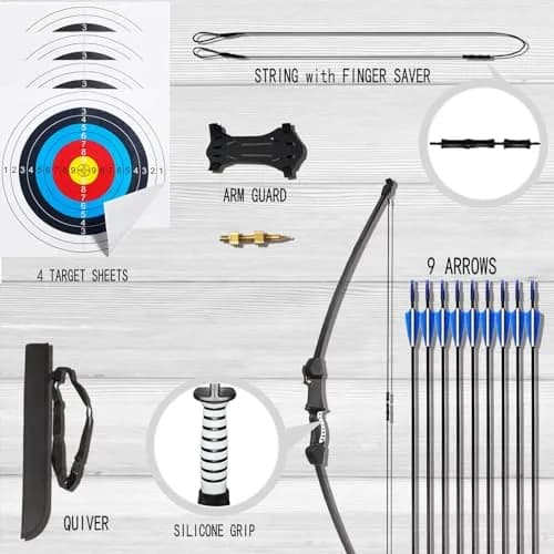 Mxessua 45" Youth Bow and Arrows Set Black | Beginner Recurve Archery Kit with 9 Arrows, Arm Guard, Quiver, Target Faces thumbnail 3