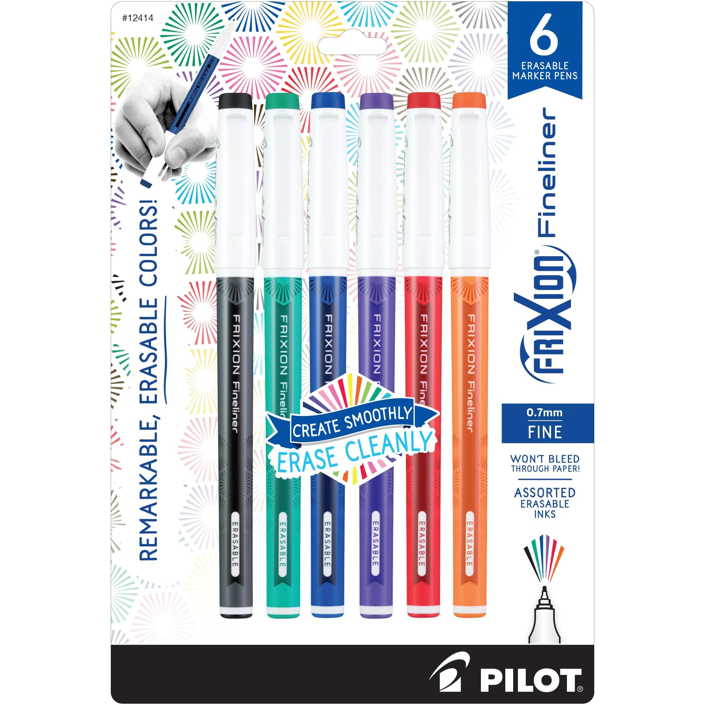 Pilot FriXion Fineliner Erasable Marker Pens, Fine Point 0.7mm, Pack of 6 Assorted Colors | Smooth Ink Flow - main product image