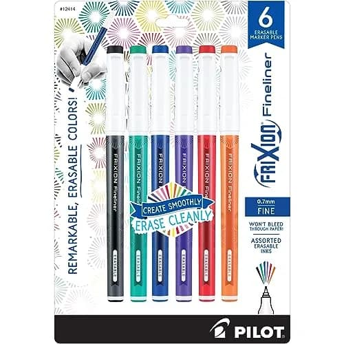 Pilot FriXion Fineliner Erasable Marker Pens, Fine Point 0.7mm, Pack of 6 Assorted Colors | Smooth Ink Flow thumbnail 1