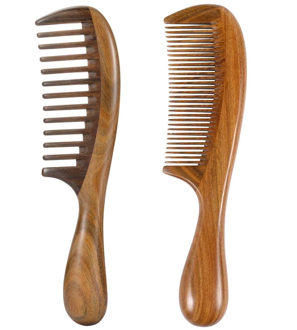 Louise Maelys Wooden Hair Combs Set 7.8 x 2.1 inch | Anti-static & Calming Sandalwood Scent — Wide tooth+ Fine Tooth