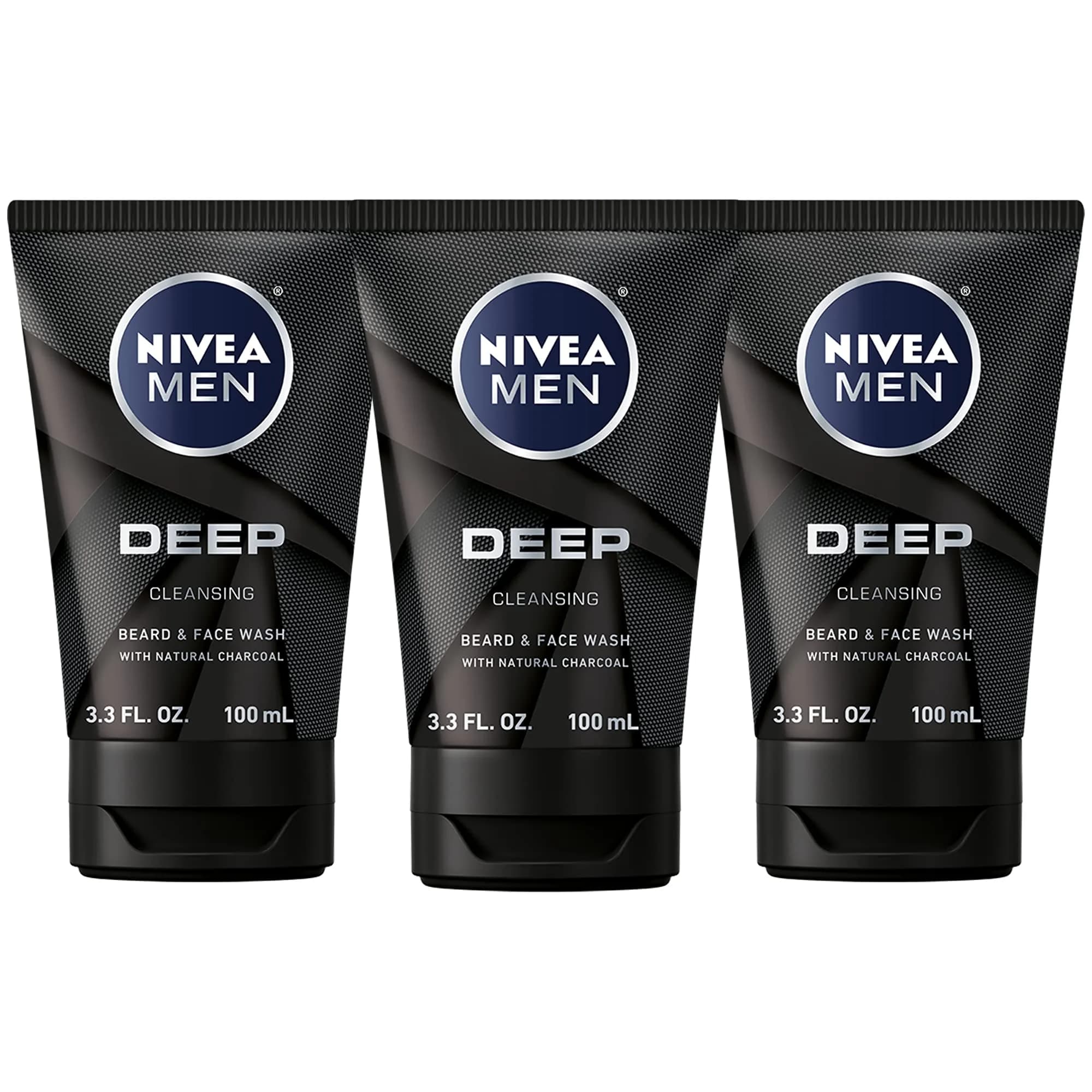 NIVEA MEN DEEP Cleansing Beard and Face Wash 295ml (3 x 3.3 Fl Oz) | Natural Charcoal for Deep Clean — Black