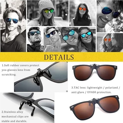 FRAZALA Polarized Clip-On Sunglasses for Driving & Fishing UV 400 Over Prescription Glasses (Brown) | Oversized Flip-up Design thumbnail 4