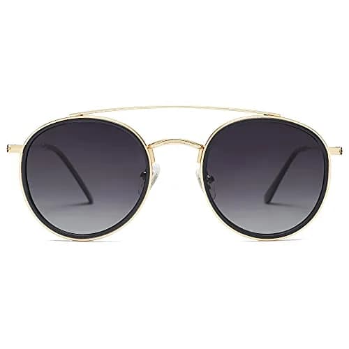 SOJOS Retro Vintage Round Polarized Sunglasses for Women Men Small Double Bridge Circle Sunnies Gold/Grey | UV400 Polarized thumbnail 1