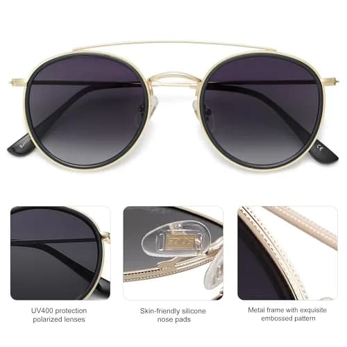 SOJOS Retro Vintage Round Polarized Sunglasses for Women Men Small Double Bridge Circle Sunnies Gold/Grey | UV400 Polarized thumbnail 3