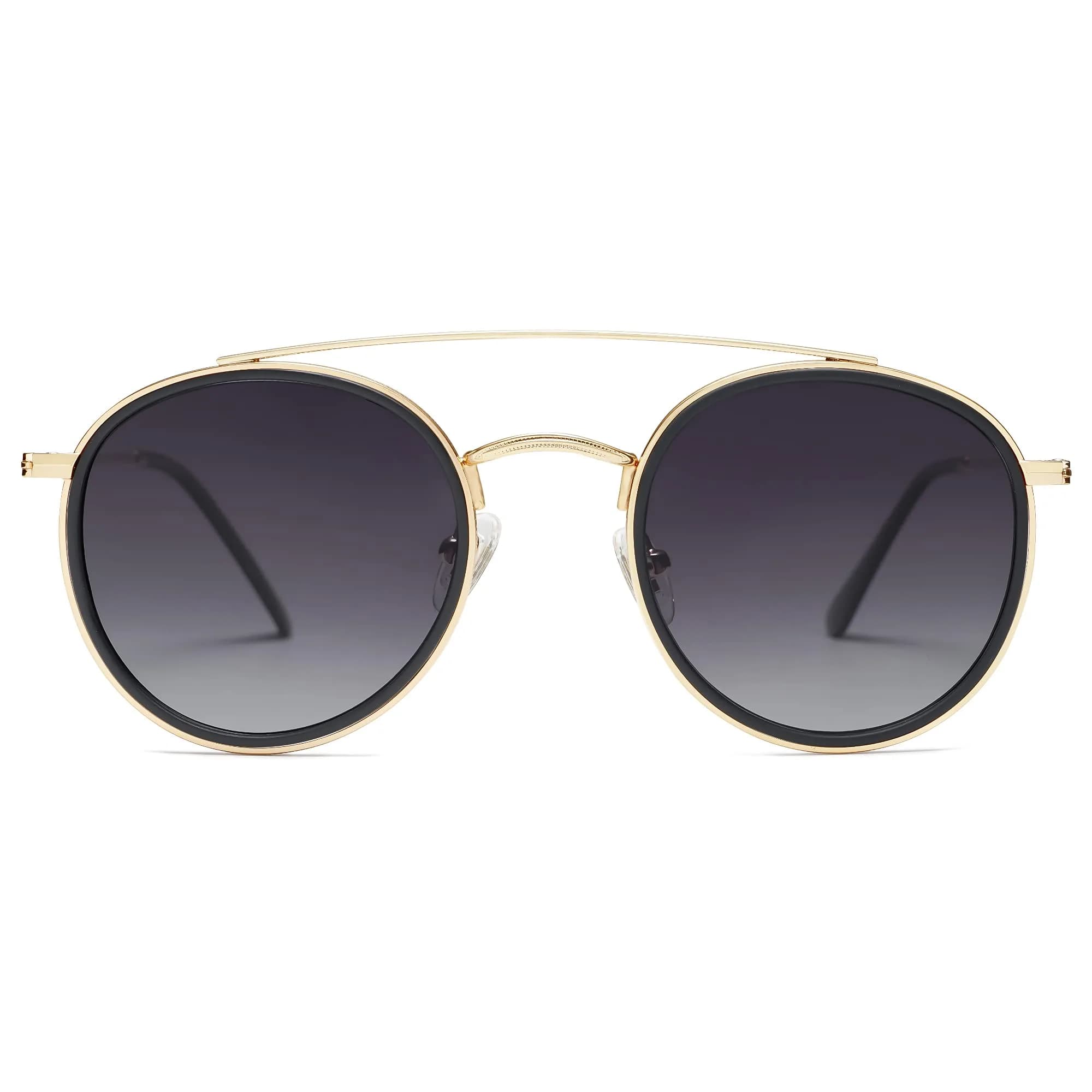 SOJOS Retro Vintage Round Polarized Sunglasses for Women Men Small Double Bridge Circle Sunnies Gold/Grey | UV400 Polarized - main product image