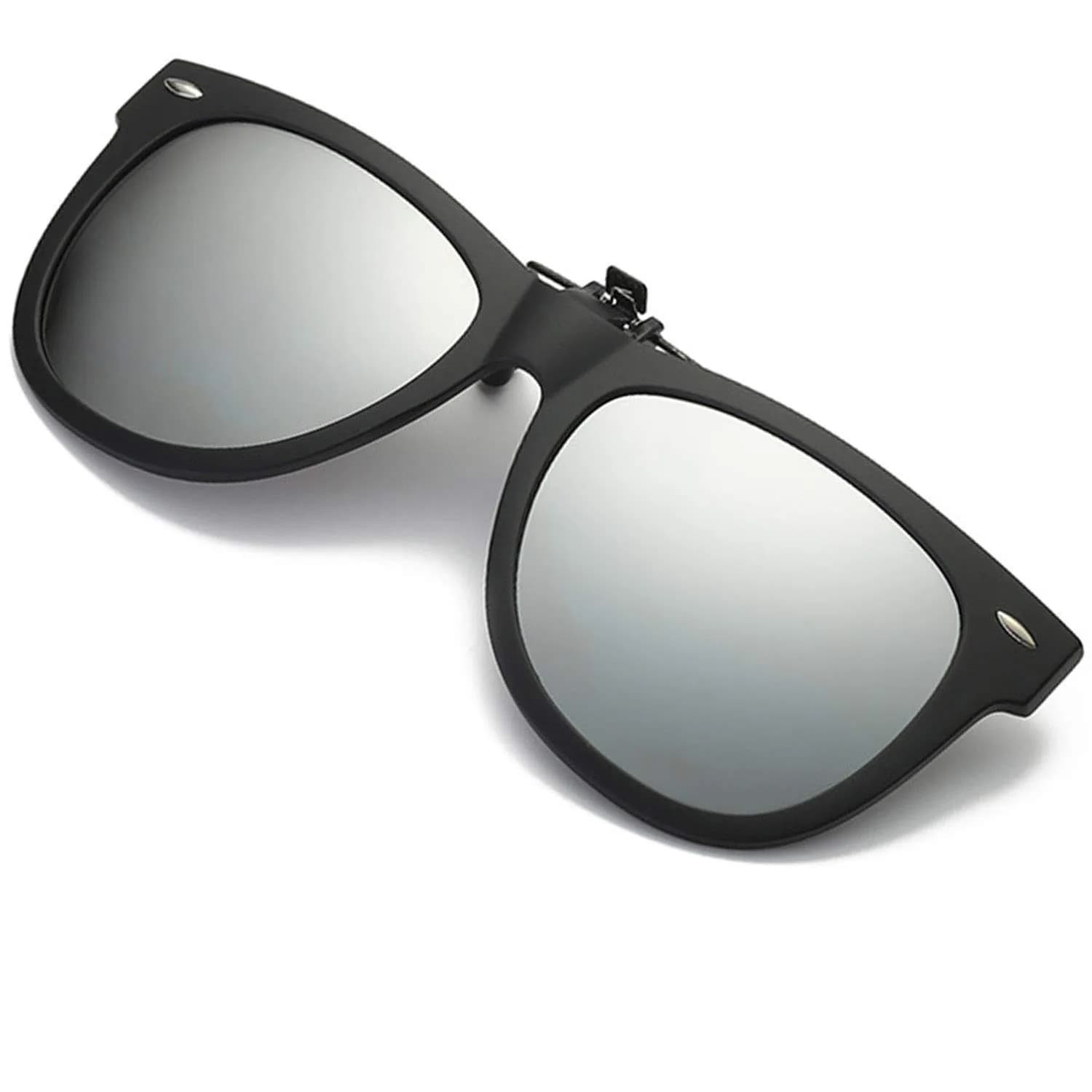 FRAZALA Polarized Clip-on Sunglasses over Prescription Glasses UV 400 Protection Unisex Aviator (Black) | Flip Up Design, Anti-Glare, UV Shield — Silver