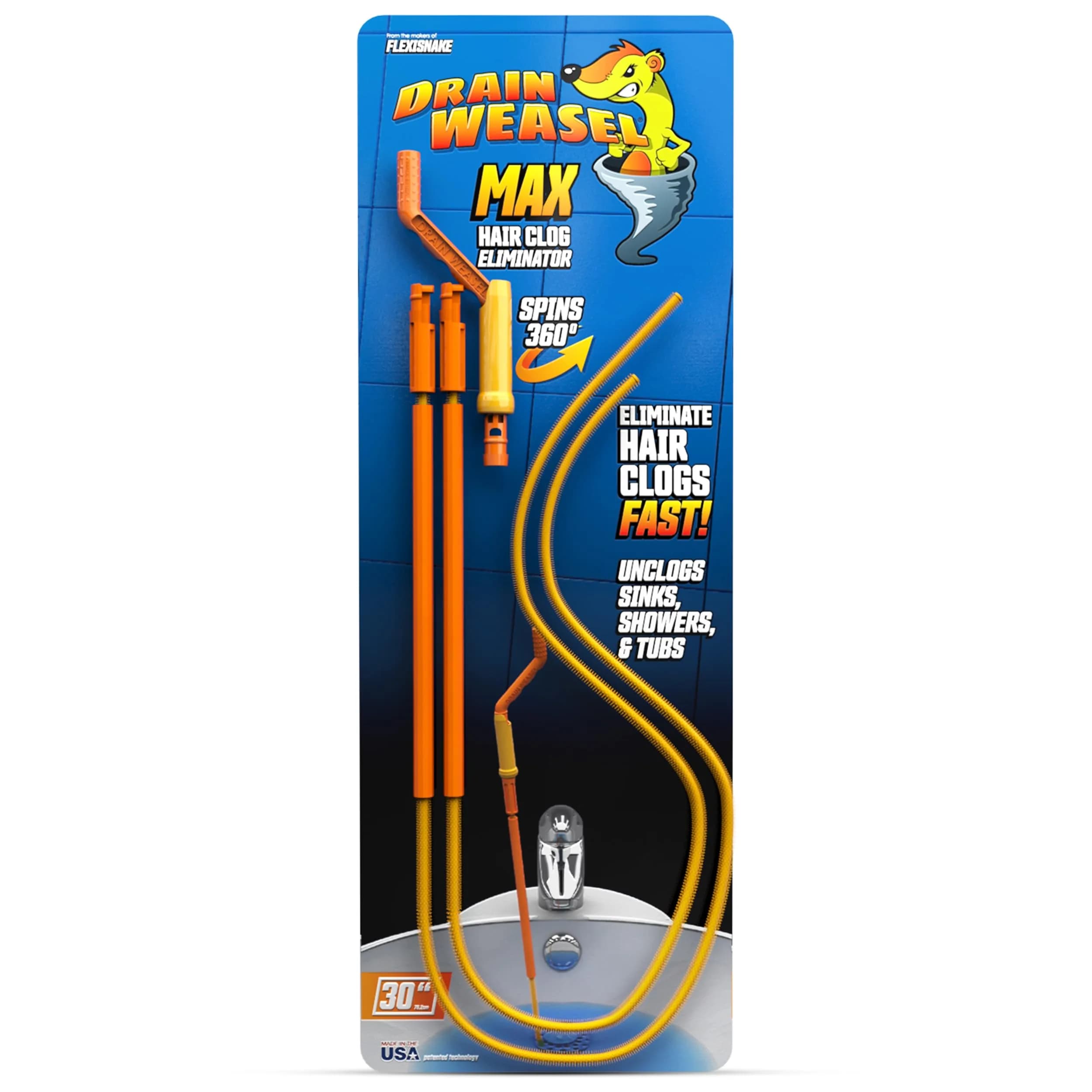 FlexiSnake Drain Weasel Max Sink Snake Hair Clog Remover Tool, 2 Wands | 30" Ultra-Thin Pipe Cleaner for Fast Drain Unclogging