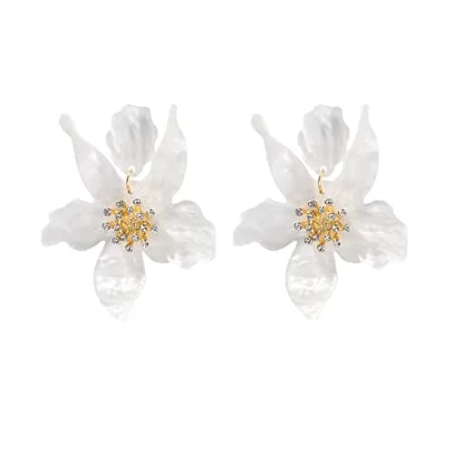 Artilady Boho Stud Earrings for Women - White Flower Statement Earrings with Gold Flower Bud, Acrylic Resin, Large | Chic Bohemian Style thumbnail 1