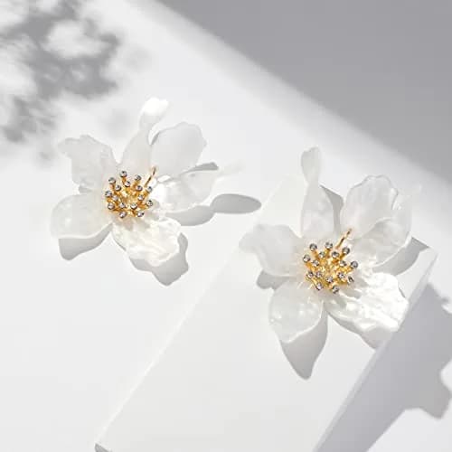 Artilady Boho Stud Earrings for Women - White Flower Statement Earrings with Gold Flower Bud, Acrylic Resin, Large | Chic Bohemian Style thumbnail 5