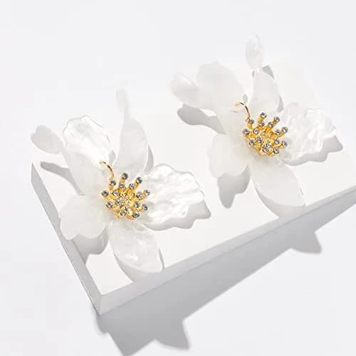 Artilady Boho Stud Earrings for Women - White Flower Statement Earrings with Gold Flower Bud, Acrylic Resin, Large | Chic Bohemian Style thumbnail 6