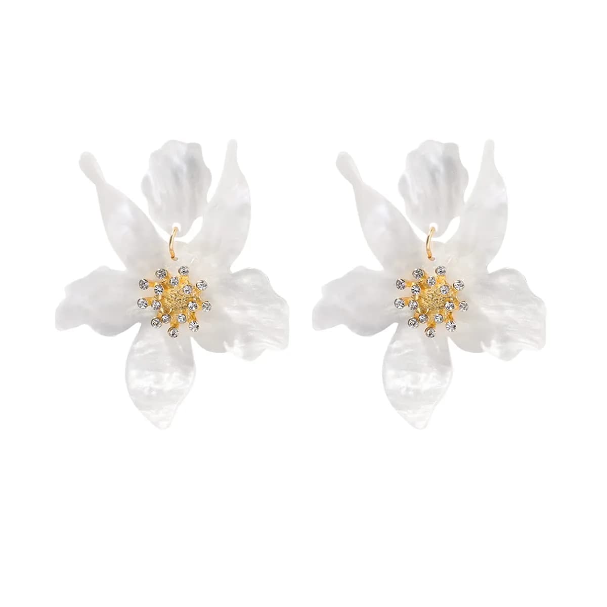 Artilady Boho Stud Earrings for Women - White Flower Statement Earrings with Gold Flower Bud, Acrylic Resin, Large | Chic Bohemian Style