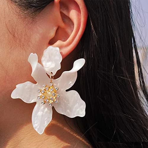 Artilady Boho Stud Earrings for Women - White Flower Statement Earrings with Gold Flower Bud, Acrylic Resin, Large | Chic Bohemian Style thumbnail 2