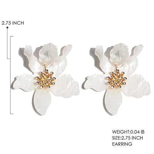 Artilady Boho Stud Earrings for Women - White Flower Statement Earrings with Gold Flower Bud, Acrylic Resin, Large | Chic Bohemian Style thumbnail 3