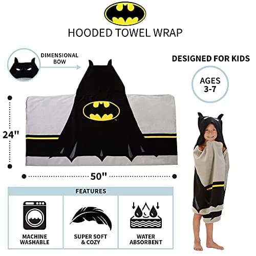 Franco Batman Hooded Towel Wrap 64cm x 127cm (25" x 50") | Super Soft Cotton Terry for Bath, Pool, Beach thumbnail 4