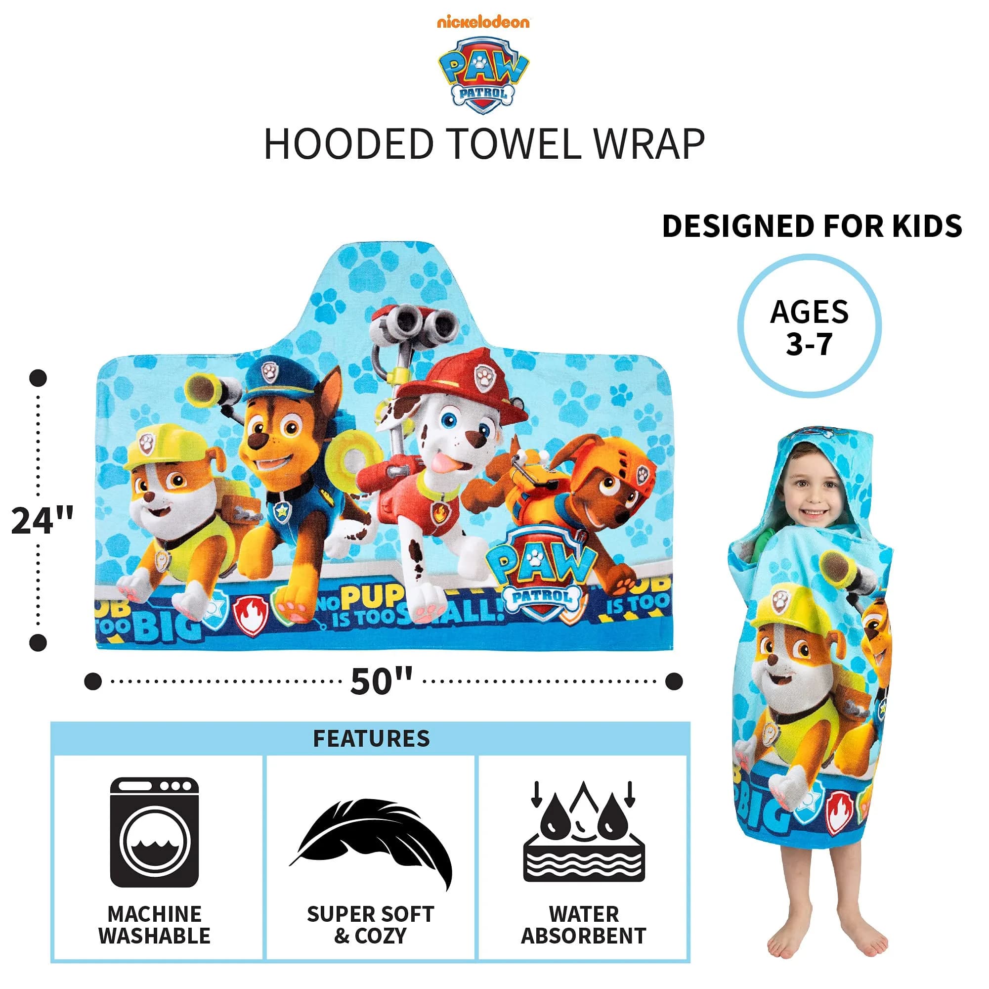 Franco Paw Patrol Hooded Towel Wrap 60cm x 127cm | Soft Cotton Terry for Bath, Pool, Beach - view 5