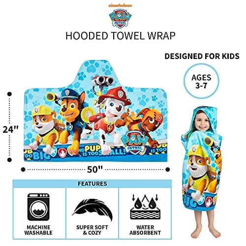 Franco Paw Patrol Hooded Towel Wrap 60cm x 127cm | Soft Cotton Terry for Bath, Pool, Beach thumbnail 5