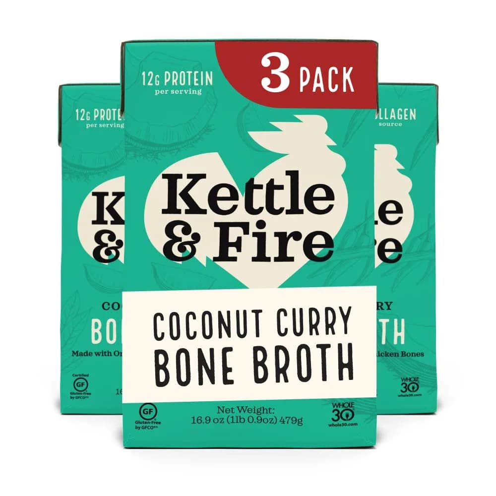 Kettle & Fire Coconut Curry & Lime Chicken Bone Broth 16.9oz (3 Pack) | High in Protein & Collagen, Keto & Paleo Approved