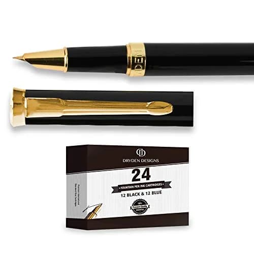 Dryden Designs Fine Nib Fountain Pen - Black - 0.5mm Line Size | Smooth Elegant Writing with 24 Ink Cartridges thumbnail 3