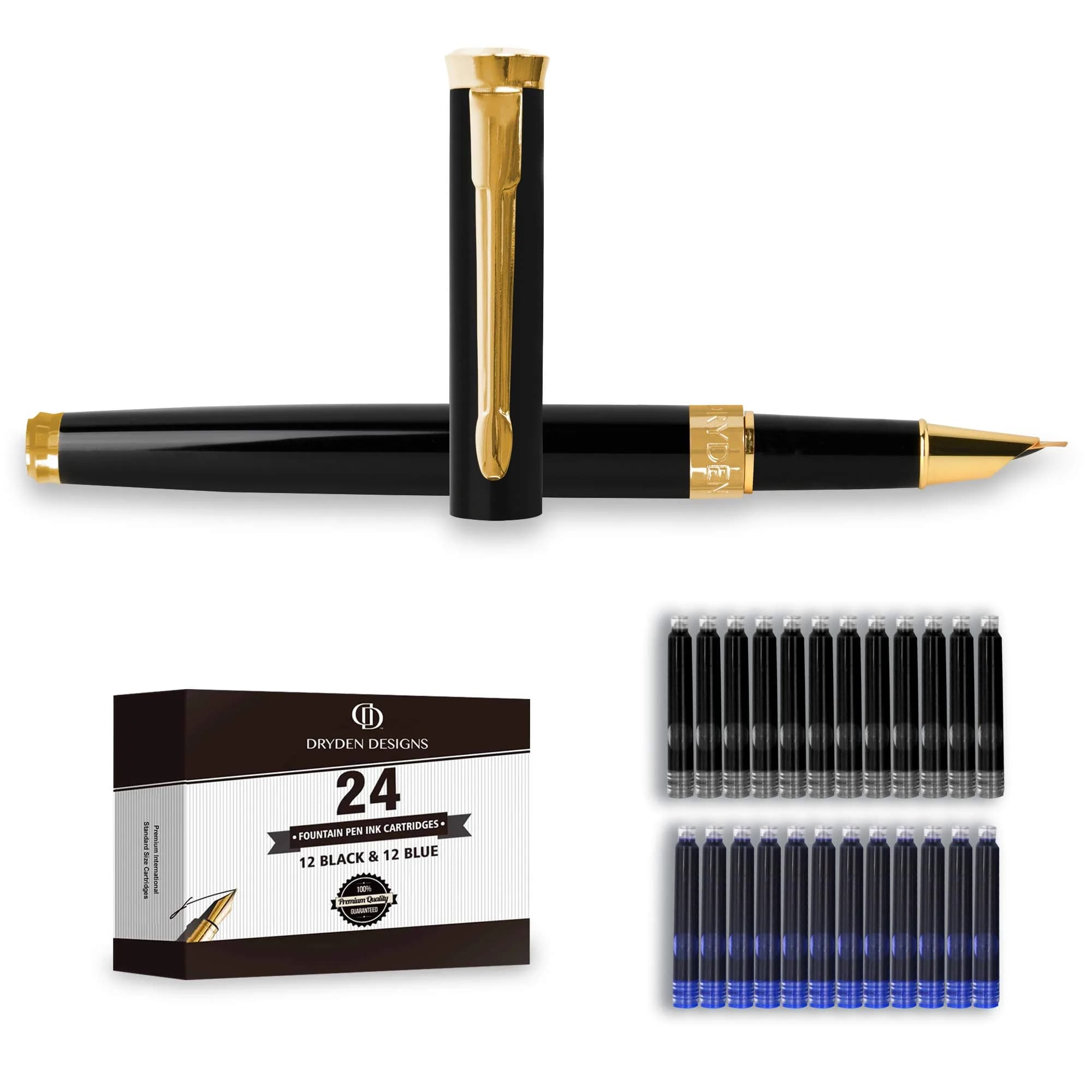 Dryden Designs Fine Nib Fountain Pen - Black - 0.5mm Line Size | Smooth Elegant Writing with 24 Ink Cartridges - main product image