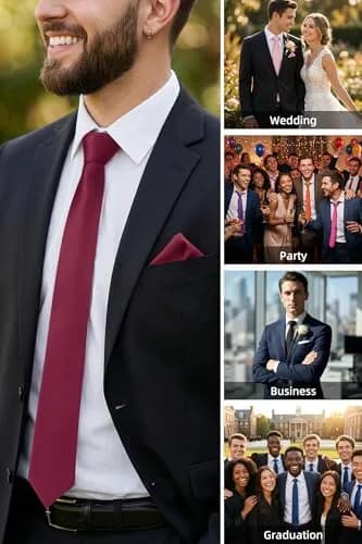 HISDERN Mens Burgundy Ties & Pocket Square Set | Classic Satin Silk Formal Neckwear (3.35 inch x 59 inch) thumbnail 5