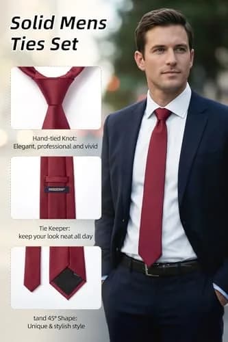 HISDERN Mens Burgundy Ties & Pocket Square Set | Classic Satin Silk Formal Neckwear (3.35 inch x 59 inch) thumbnail 2