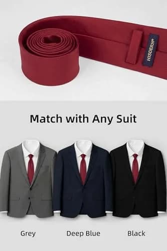 HISDERN Mens Burgundy Ties & Pocket Square Set | Classic Satin Silk Formal Neckwear (3.35 inch x 59 inch) thumbnail 3