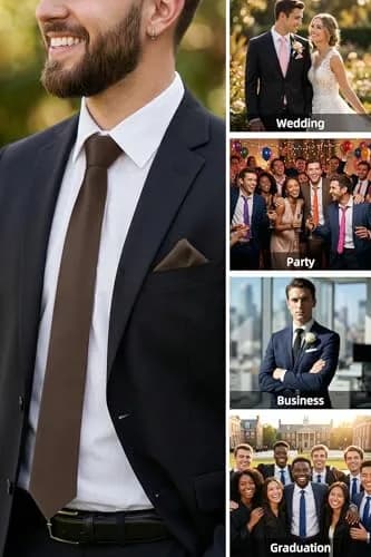 HISDERN Mens Ties Brown Ties for Men Chocolate Necktie with Pocket Square Set Formal Satin Silk Solid Dark Tie Handkerchief Classic Wedding Plain Neck Tie Set | Elegant, Durable, Perfect for Special Occasions thumbnail 5