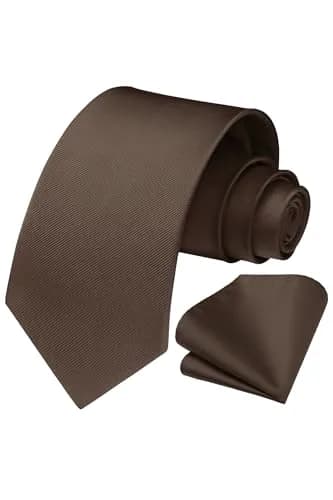 HISDERN Mens Ties Brown Ties for Men Chocolate Necktie with Pocket Square Set Formal Satin Silk Solid Dark Tie Handkerchief Classic Wedding Plain Neck Tie Set | Elegant, Durable, Perfect for Special Occasions thumbnail 6