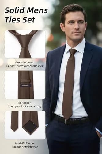 HISDERN Mens Ties Brown Ties for Men Chocolate Necktie with Pocket Square Set Formal Satin Silk Solid Dark Tie Handkerchief Classic Wedding Plain Neck Tie Set | Elegant, Durable, Perfect for Special Occasions thumbnail 2