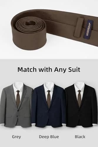 HISDERN Mens Ties Brown Ties for Men Chocolate Necktie with Pocket Square Set Formal Satin Silk Solid Dark Tie Handkerchief Classic Wedding Plain Neck Tie Set | Elegant, Durable, Perfect for Special Occasions thumbnail 3