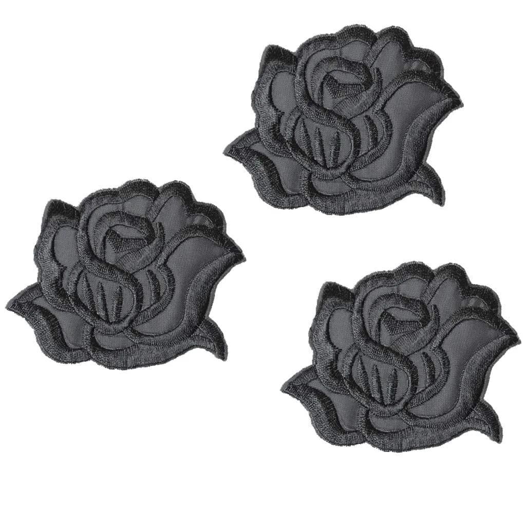 U-Sky Embroidered Patch Set | Classic Black Rose Design | DIY Fashion Accessories (4.2"x3.3"+3.1"x2.4"+1.6"x1.3") — Black-3M / Pack of 3pcs Middle Size