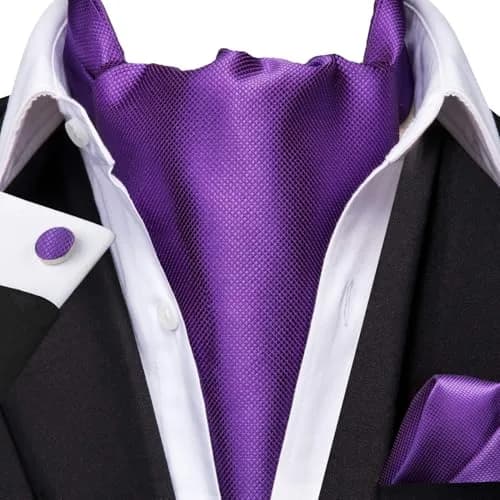 Dubulle Paisley Floral Ascot Set for Men with Pocket Square & Cufflinks, Solid Purple | Self-Tie Cravat thumbnail 2