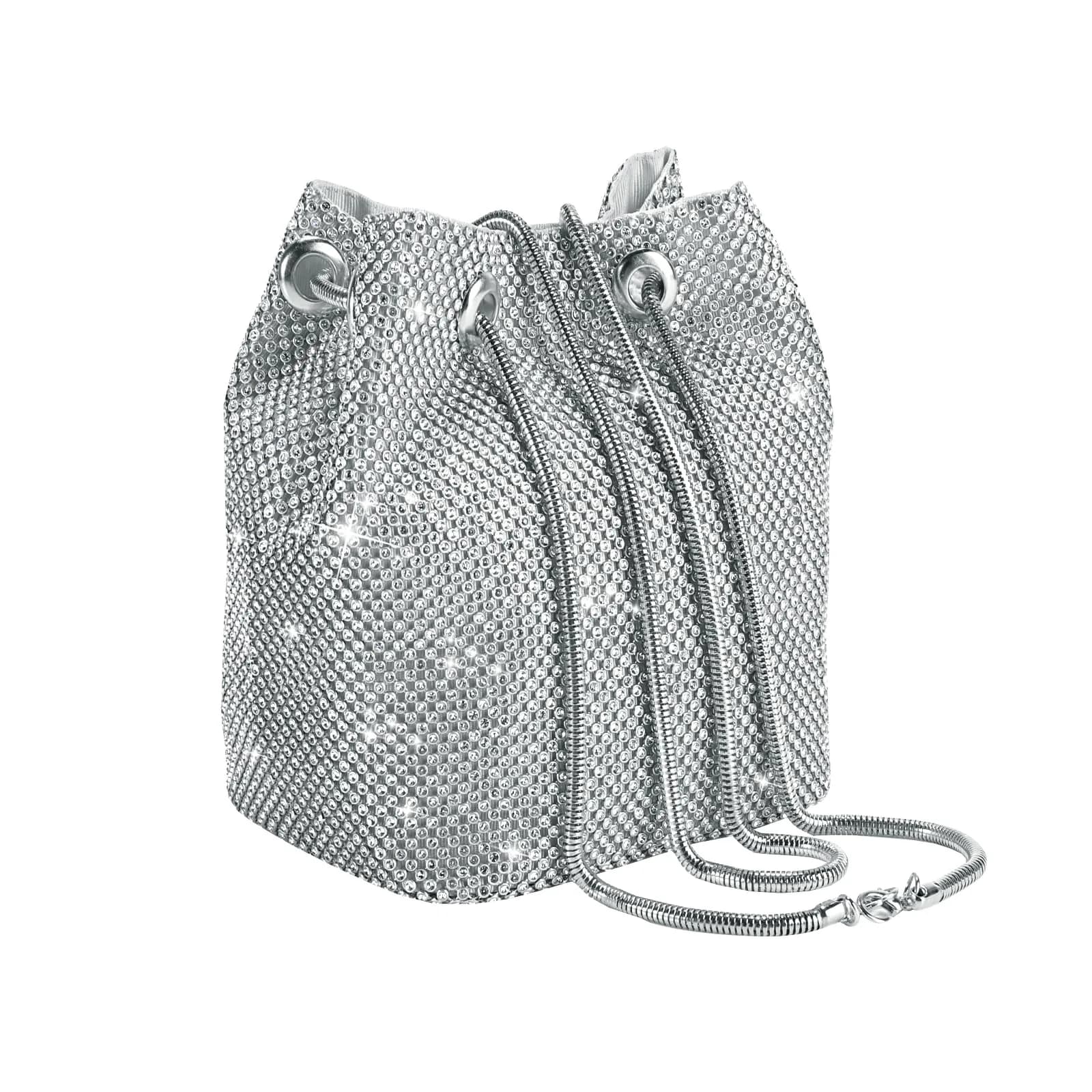 JIAN YA NA Bucket Silver X-Large Rhinestone Trihedral Clutch Evening Bag 11.3cm x 15.5cm - main product image