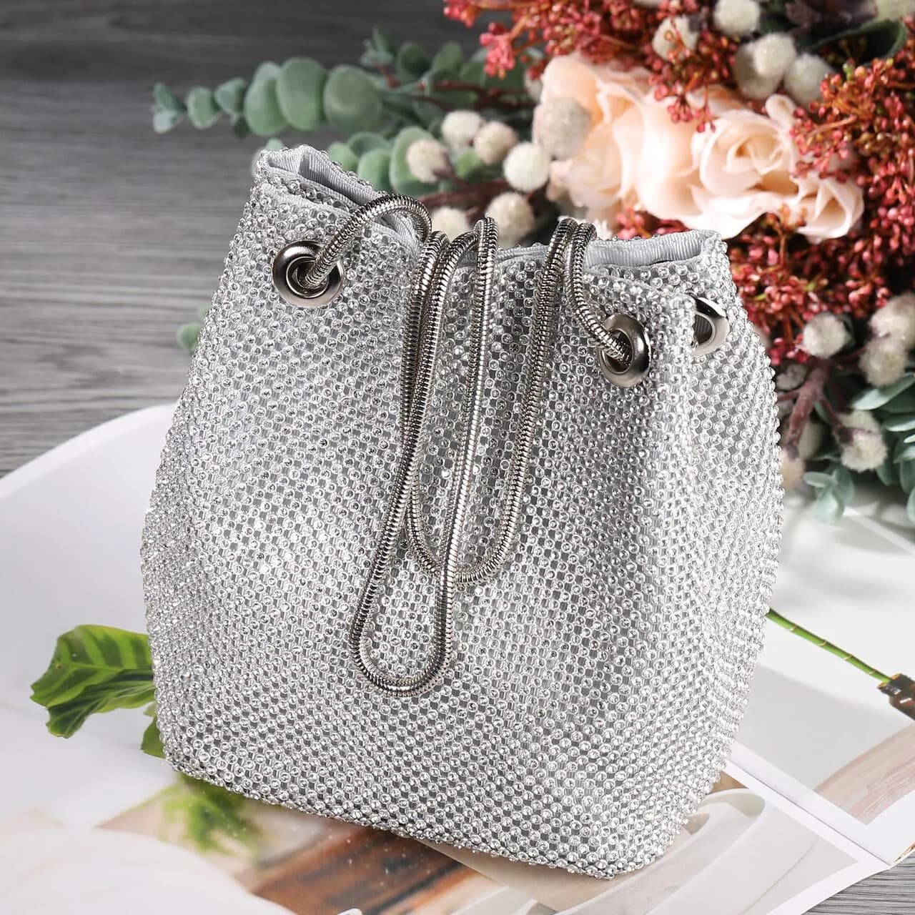 JIAN YA NA Bucket Silver X-Large Rhinestone Trihedral Clutch Evening Bag 11.3cm x 15.5cm - view 3