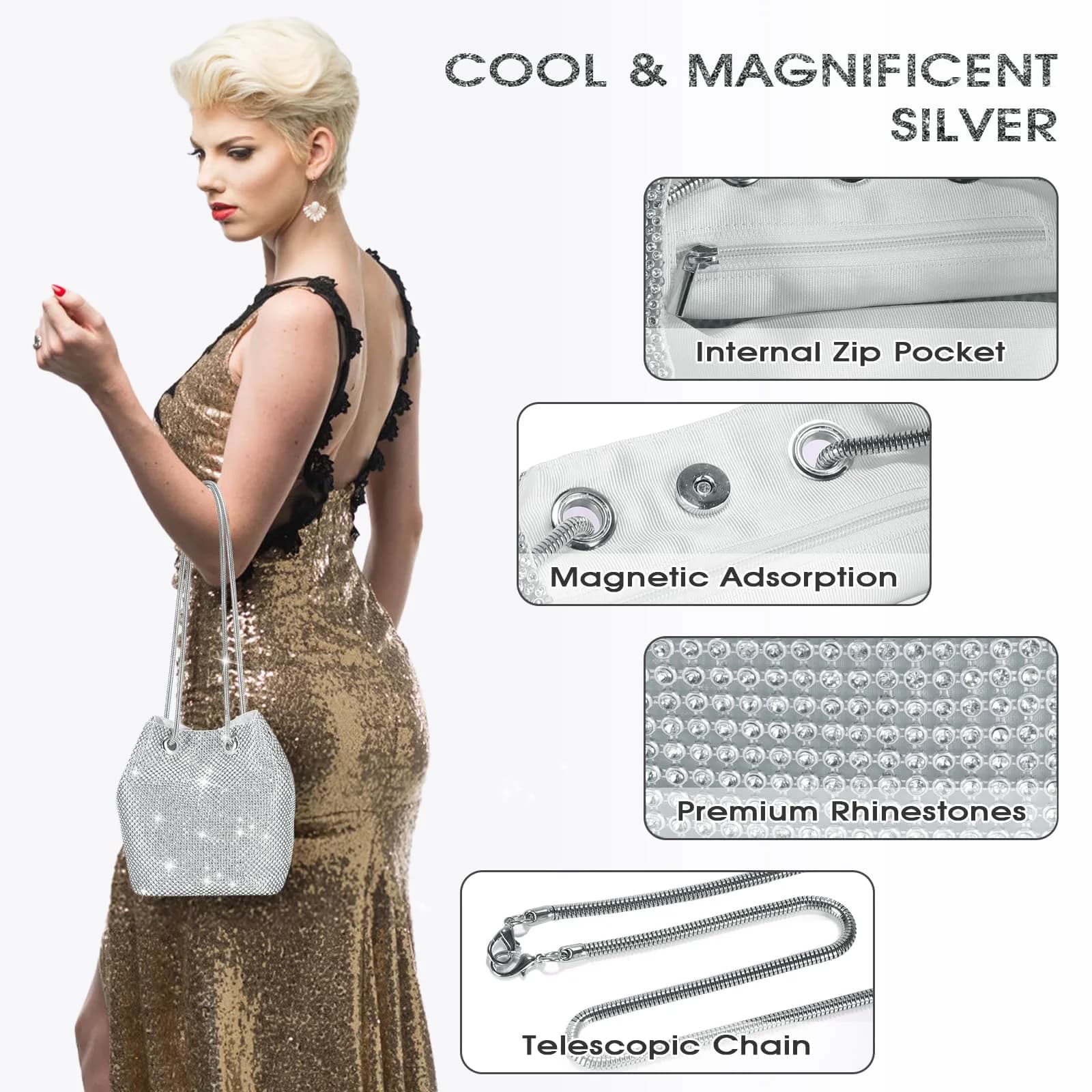 JIAN YA NA Bucket Silver X-Large Rhinestone Trihedral Clutch Evening Bag 11.3cm x 15.5cm - view 4