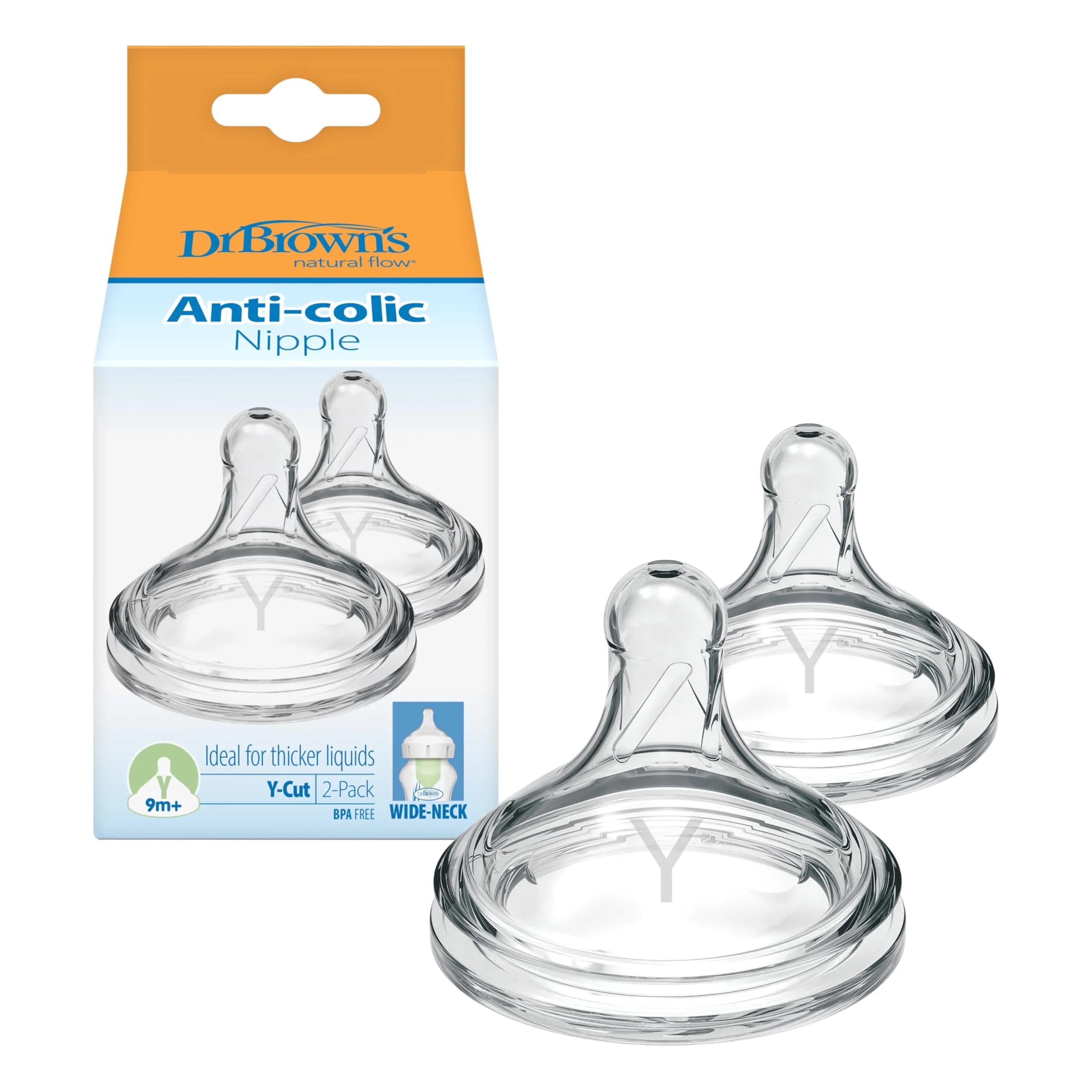 Dr. Brown's Wide-Neck Y-Cut Nipple, 9m+, 2-Pack | Silicone, Anti-Colic, Thick Liquids — Y-Cut, 9m+