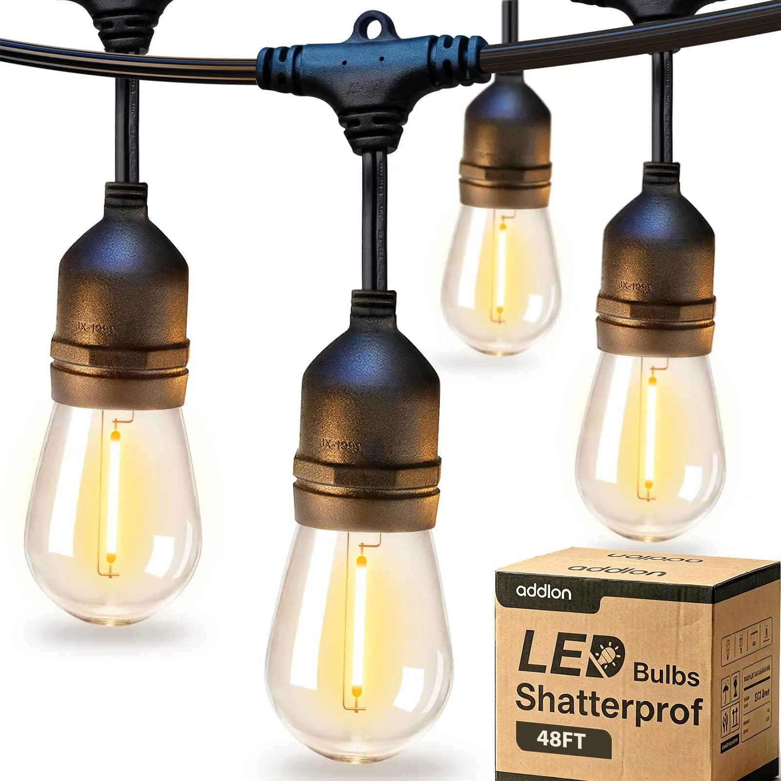 addlon LED Outdoor String Lights 48FT Vintage Weatherproof ETL | 15 Shatterproof Edison Bulbs | All Seasons