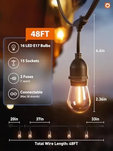 addlon LED Outdoor String Lights 48FT Vintage Weatherproof ETL | 15 Shatterproof Edison Bulbs | All Seasons thumbnail 6