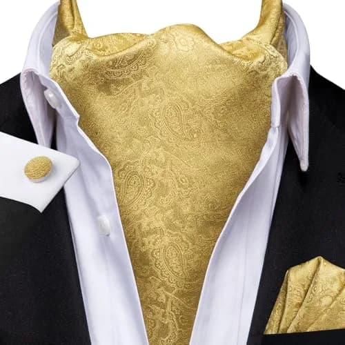 Dubulle Gold Paisley Floral Ascot Set for Men | Silk Blend Cravat, Pocket Square & Cufflinks thumbnail 2