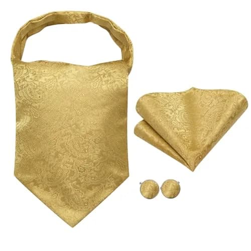 Dubulle Gold Paisley Floral Ascot Set for Men | Silk Blend Cravat, Pocket Square & Cufflinks thumbnail 3