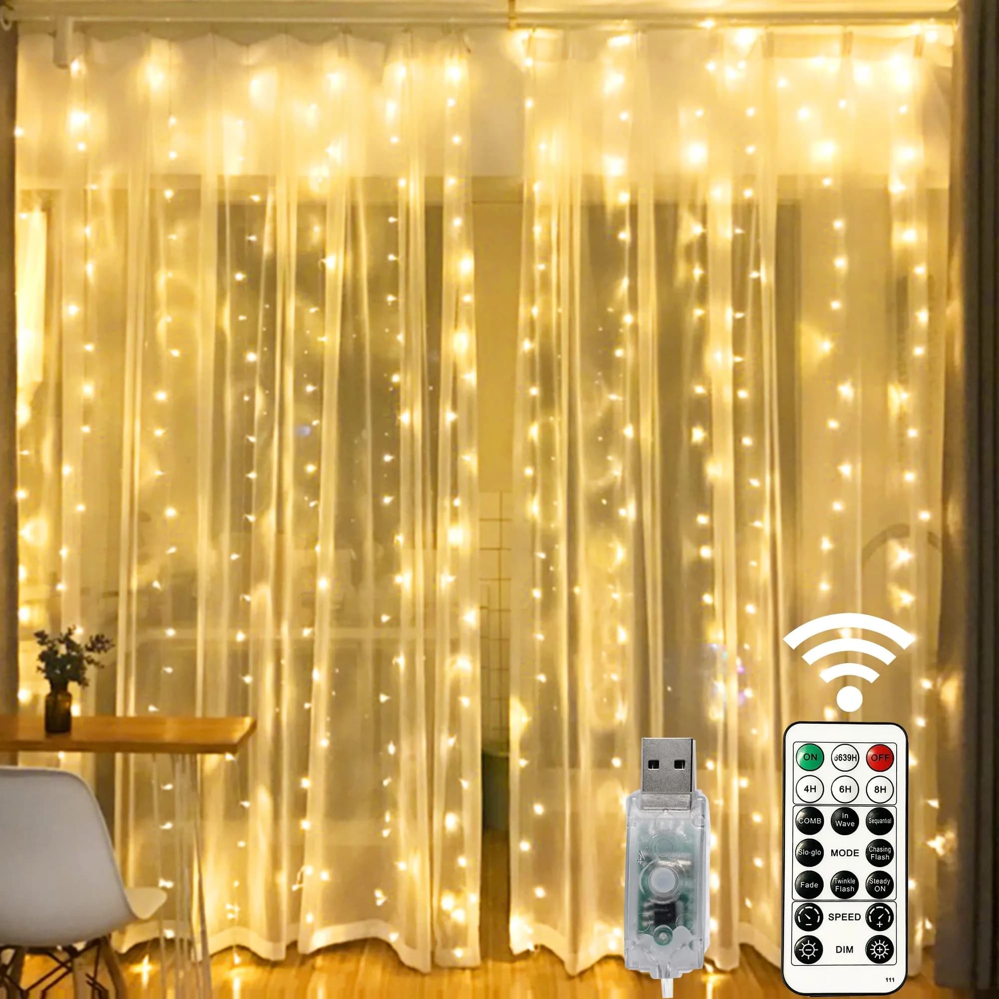 HOME LIGHTING Window Curtain String Lights, 300 LED, 8 Modes | USB Powered, Warm White, Indoor & Outdoor - main product image