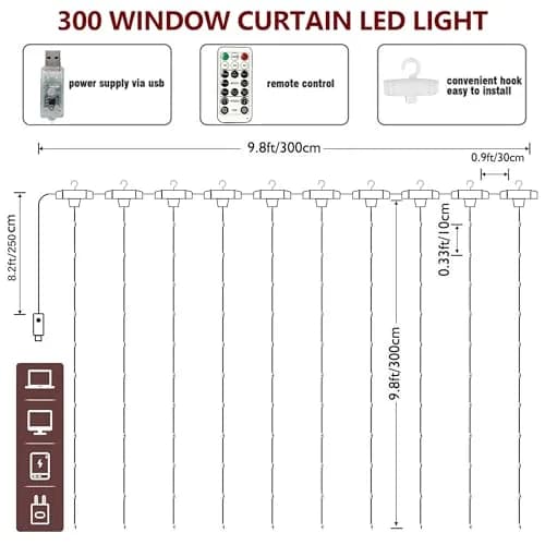 HOME LIGHTING Window Curtain String Lights, 300 LED, 8 Modes | USB Powered, Warm White, Indoor & Outdoor thumbnail 4