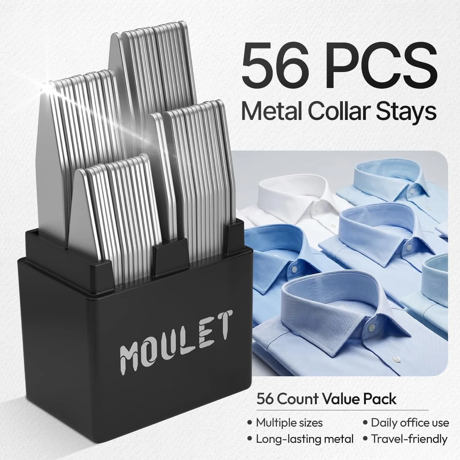 Moulet Metal Collar Stays for Men's Dress Shirts – 56 Premium Stainless Steel Inserts in 4 Sizes - view 6