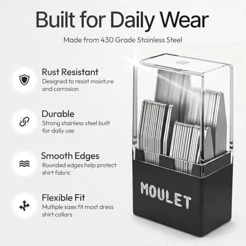Moulet Metal Collar Stays for Men's Dress Shirts – 56 Premium Stainless Steel Inserts in 4 Sizes thumbnail 3