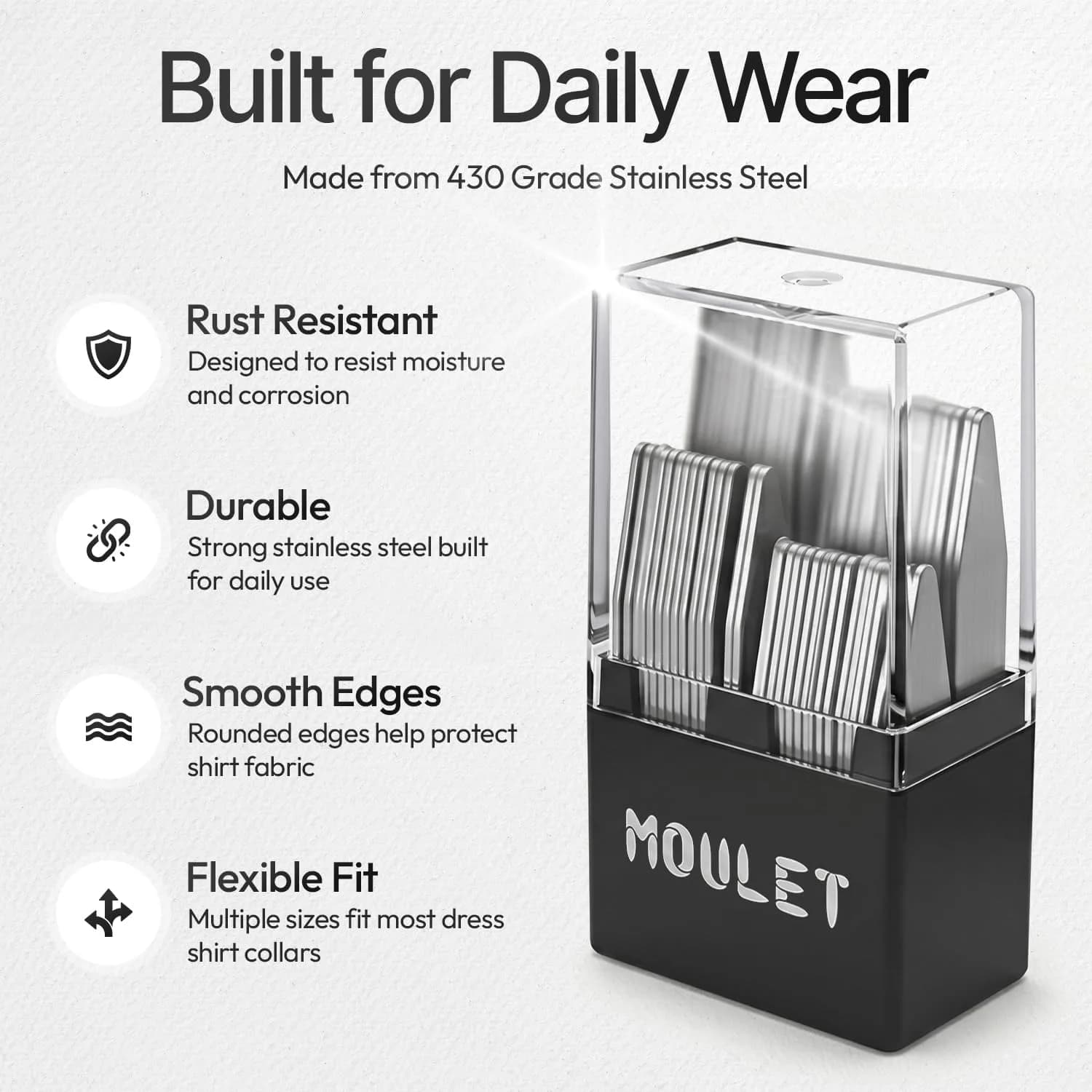 Moulet Metal Collar Stays for Men's Dress Shirts – 56 Premium Stainless Steel Inserts in 4 Sizes - view 3