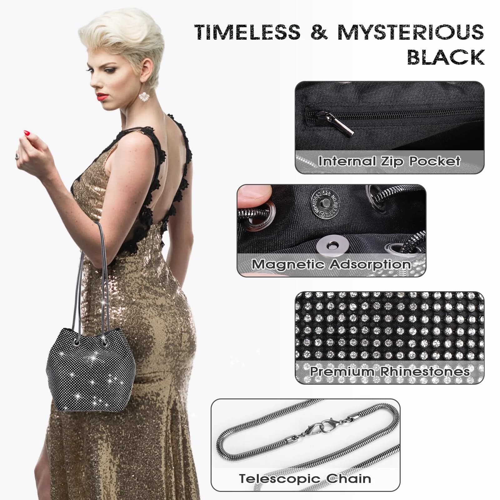 JIAN YA NA Rhinestone Bucket Bag Evening Purse - Bucket Black, X-Large - view 2