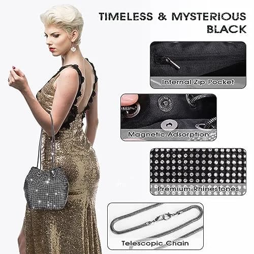 JIAN YA NA Full Rhinestones Bucket Bag for Women 15x11x16cm | Evening Bag with Long Chain for Wedding Party thumbnail 2