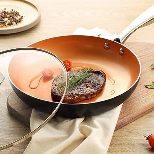 MICHELANGELO 10 Inch Copper Nonstick Frying Pan with Lid | Scratch-Resistant Ceramic Coating, Oven & Dishwasher Safe thumbnail 9